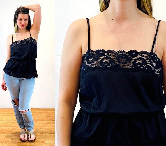 80s NOS Black Camisole M, Vintage Lace Trim NWT D… - image 1