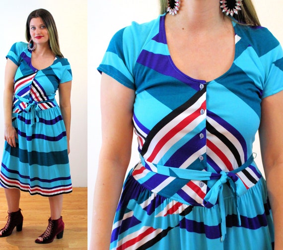 70s Chevron Striped Dress M, Vintage Turquoise Co… - image 1