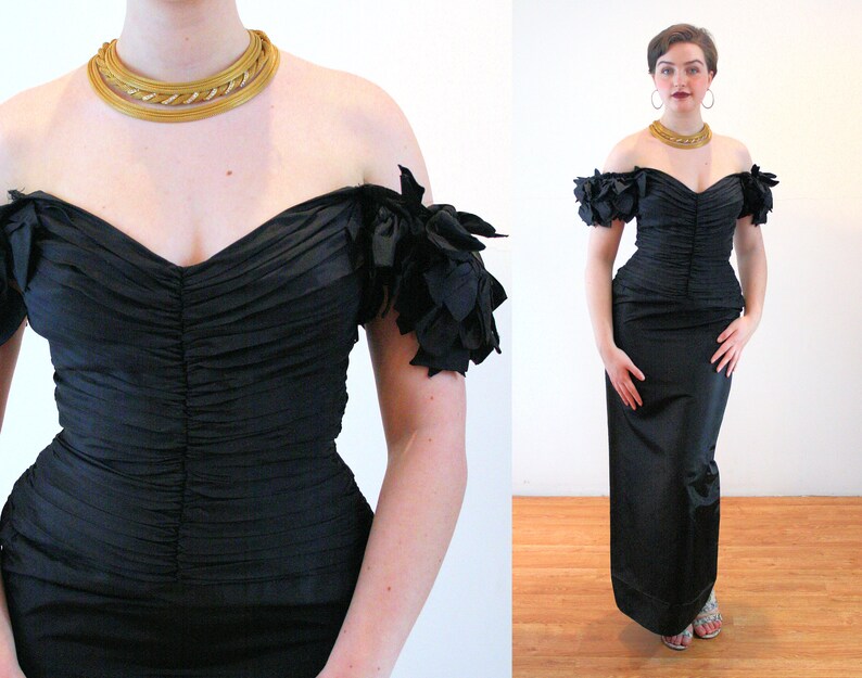 80s Dramatic Black Dress S, Ruched Off the Shoulder Nipped Waist Vintage Diva Formal Event Gown, Small 