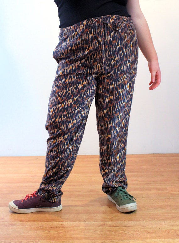90s Silk Leopard Print Pants XL, Vintage Brown Bl… - image 5