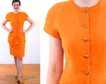 80s Albert Nipon Orange Skirt Suit S, Vintage Linen Designer Two Piece Dress Set Bright Summer Short Sleeve Jacket & Pencil Skirt, Small