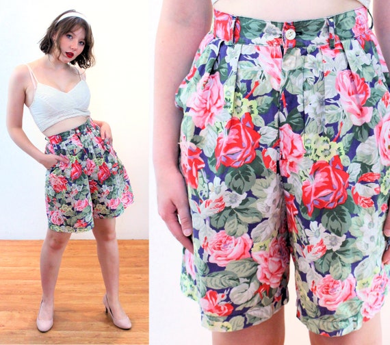 90s GAP Floral Shorts S, Vintage Green Pink Cabba… - image 1