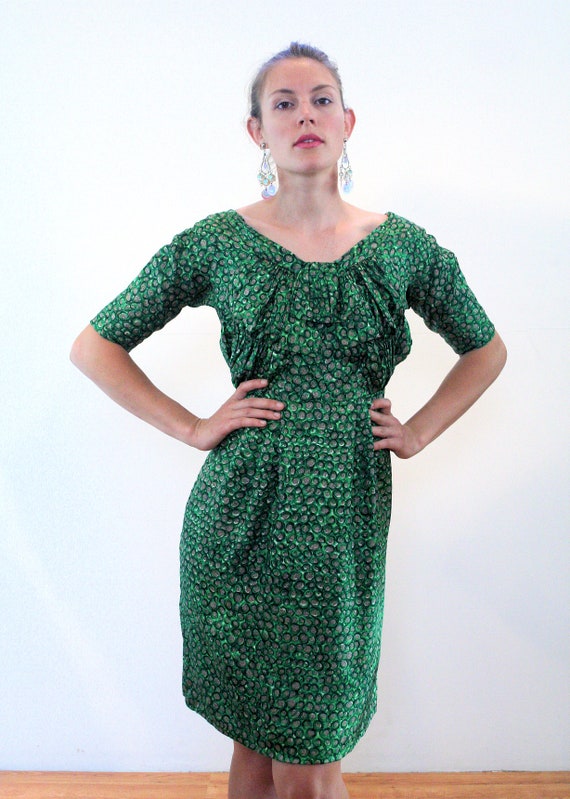 50s Green Silk Cocktail Dress M, Vintage "David L… - image 7