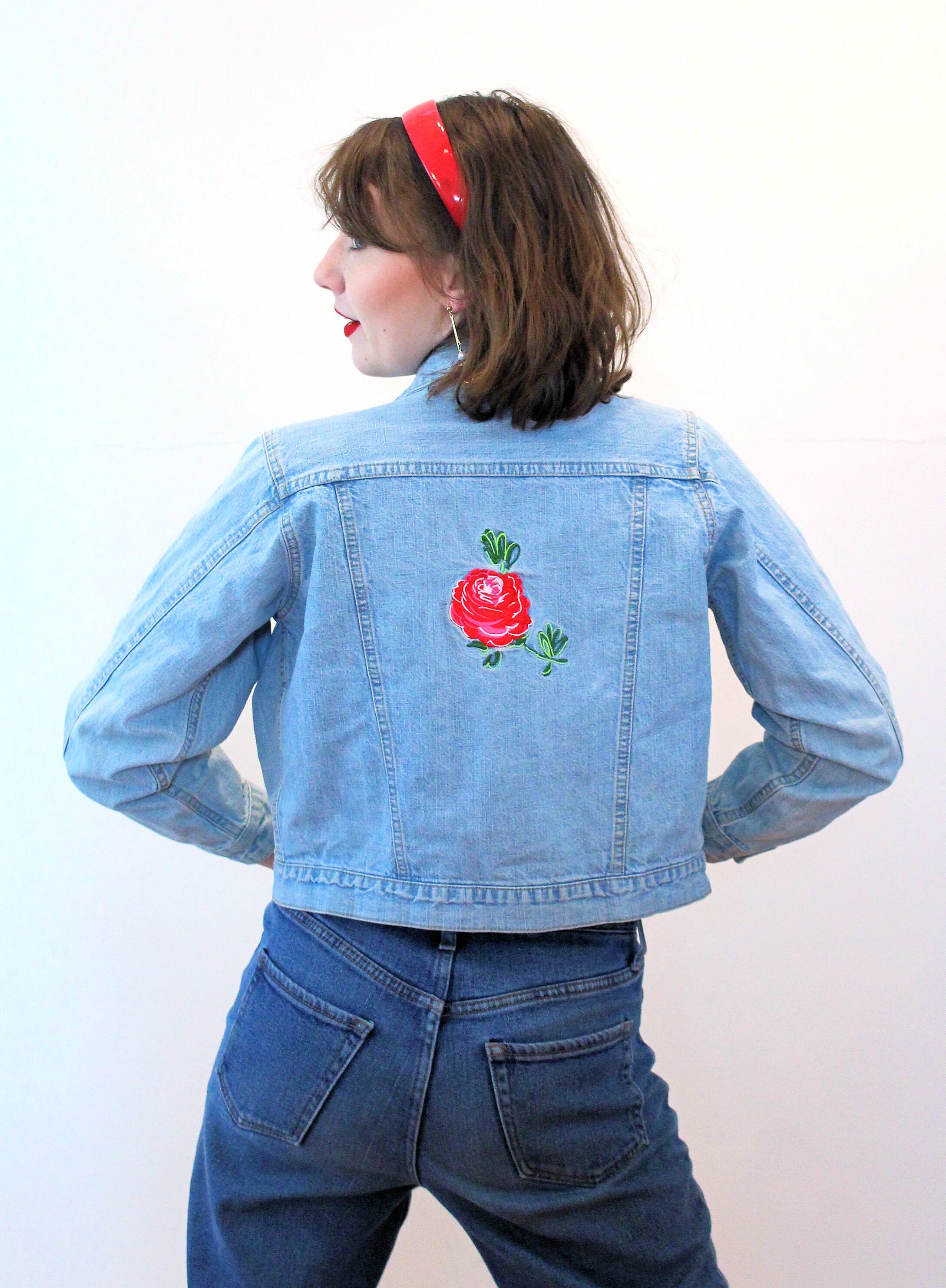 90s Embroidered Jean Jacket XXS, Vintage Blue Pink Roses