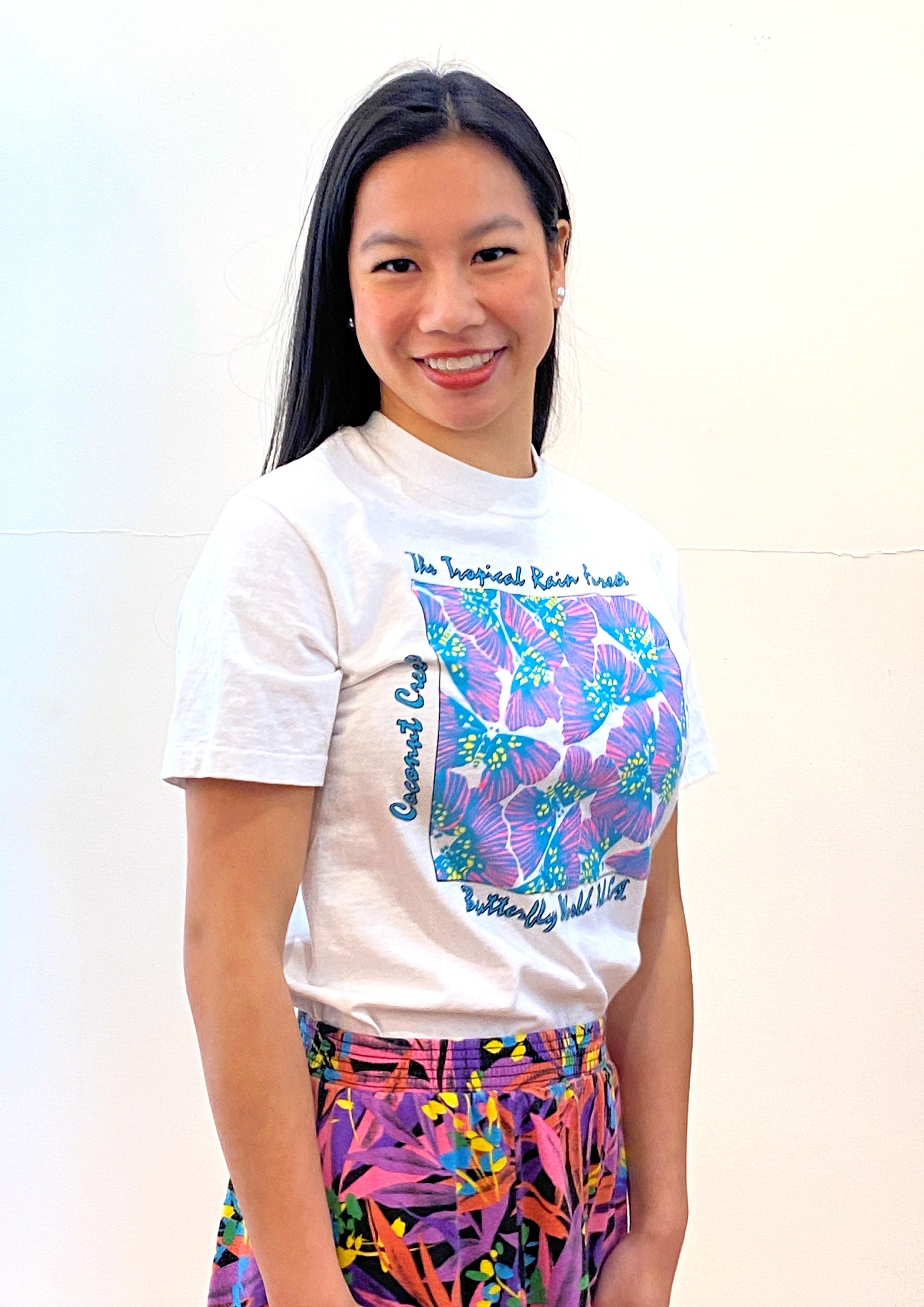 USA古着©1998年butterflies print T-shirt art 80s Butterfly World T-shirt S, Vintage White Teal Pink 100