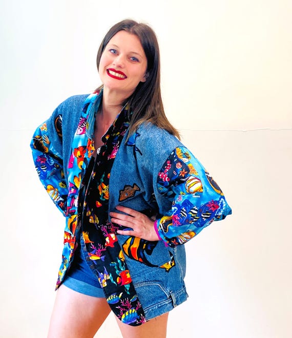 80s Handmade Patchwork Denim Coat L XL, Vintage Tropical Fish