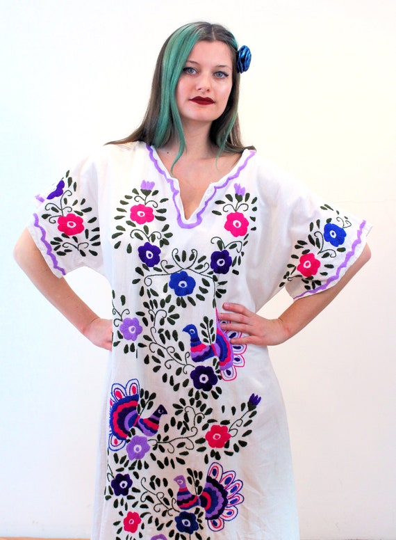 70s Embroidered Birds Mexican Dress M L XL, Vinta… - image 5