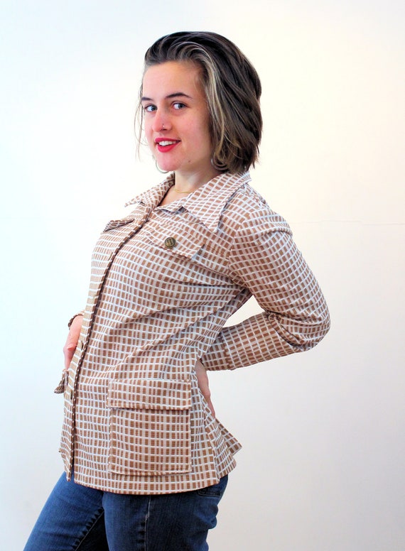 70s Mod Checkered Blazer M, Vintage Tan White Gri… - image 2