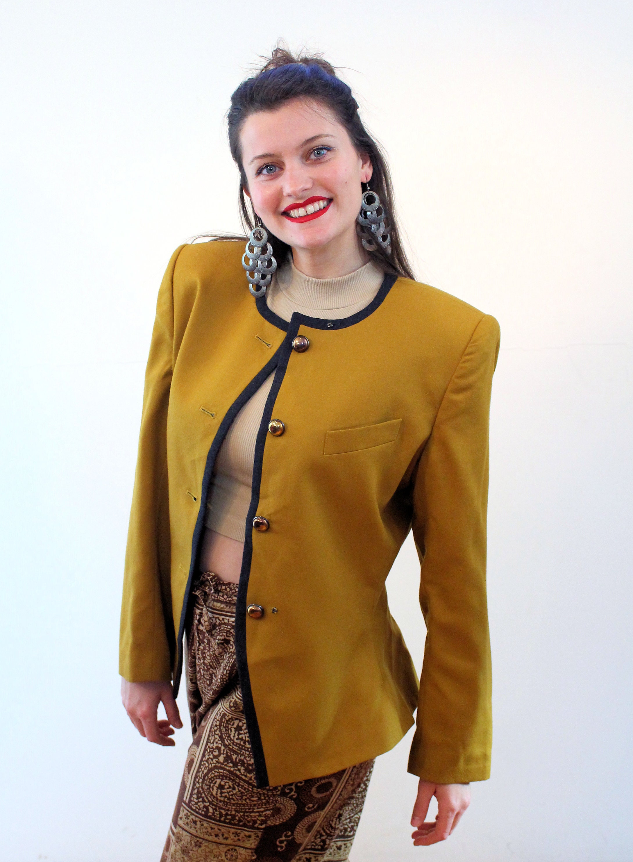 80s Mustard Yellow Blazer M, Vintage Collarless Wool 80s Mustard Yellow Blazer M, Vintage Collarless Wool