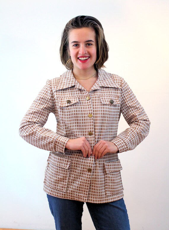 70s Mod Checkered Blazer M, Vintage Tan White Gri… - image 5