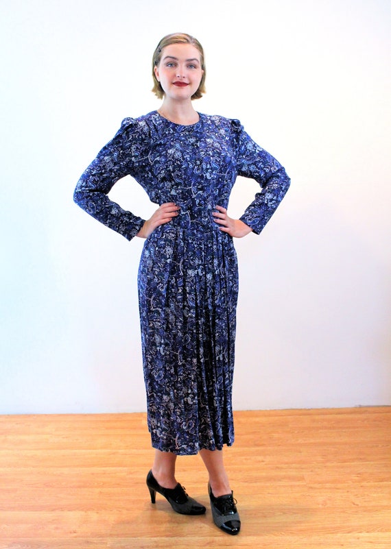 80s "Karin Stevens" Paisley Dress M, Vintage Navy… - image 2