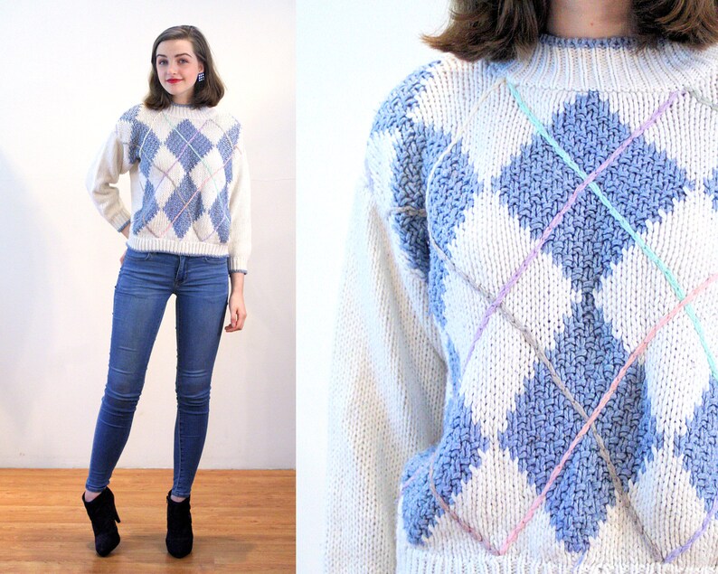 80s Argyle Sweater M, Blue White Vintage Mock Turtleneck Pastel Ramie Acrylic Korea Pullover Preppy Jumper, Medium