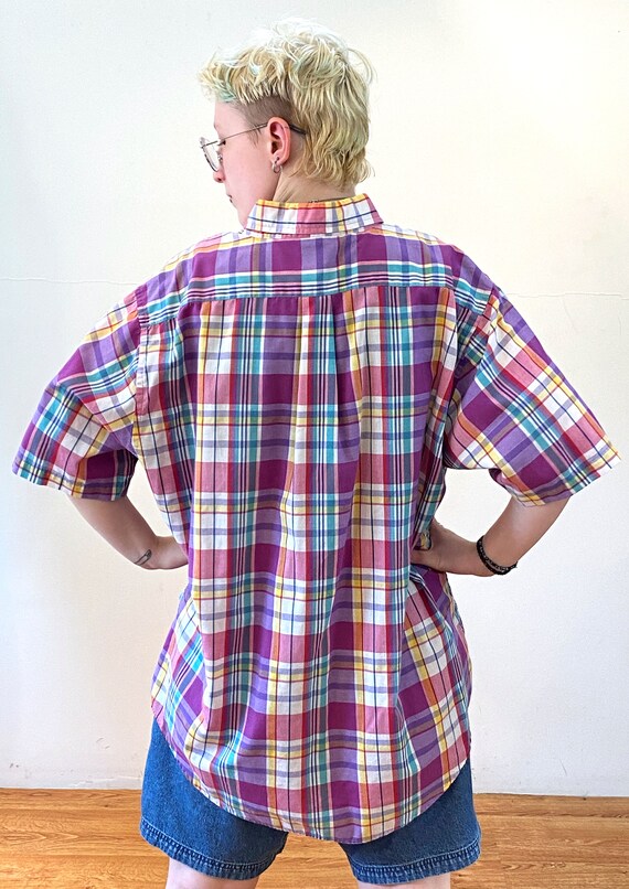 80s Pink Madras Shirt XL 2XL, Vintage Purple Gree… - image 3