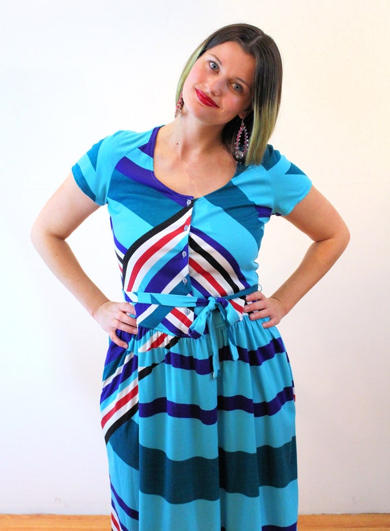 70s Chevron Striped Dress M, Vintage Turquoise Co… - image 5