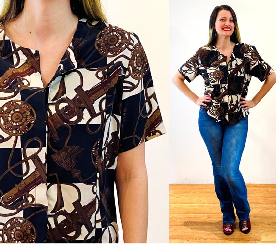 80s Baroque Print Blouse M, Vintage Brown Black E… - image 1