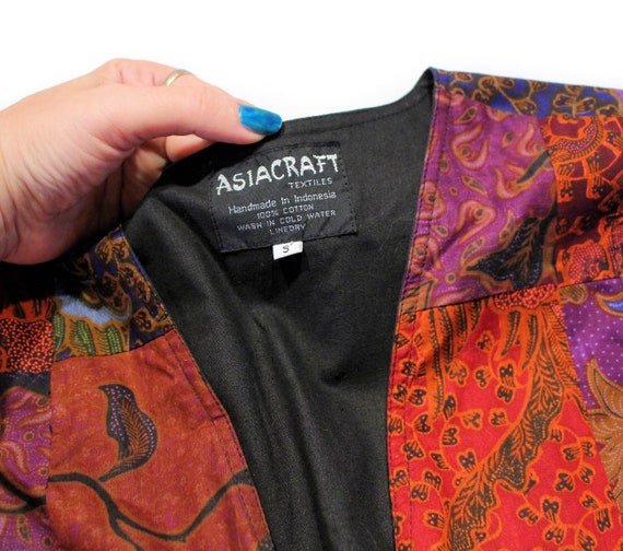 90s Batik Patchwork Vest S M, Vintage Red Purple … - image 7