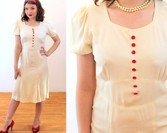 1930s Day Dress XS S, Vintage Cream Crepe 30s 40s Puff Sleeve Cute Rayon Pullover with Red Buttons, As Is, Extra Small