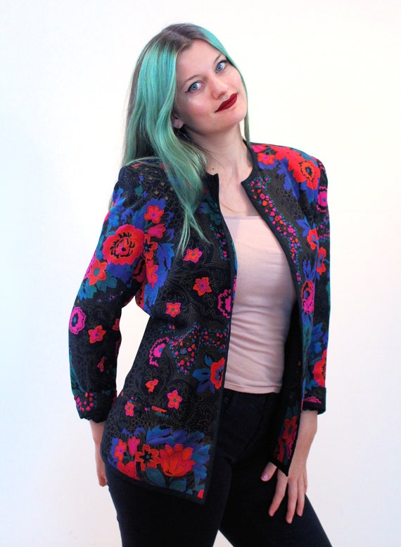 80s Floral Silk Jacket S, Vintage Vibrant Multi C… - image 2