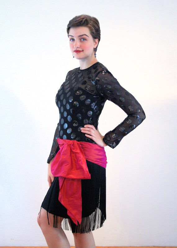 80s Deadstock Flapper Dress S, Vintage Black Pink… - image 4