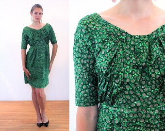 50s Green Silk Cocktail Dress M, Vintage "David Levine" Abstract Print 1950s Iconic Wiggle Dress, Medium