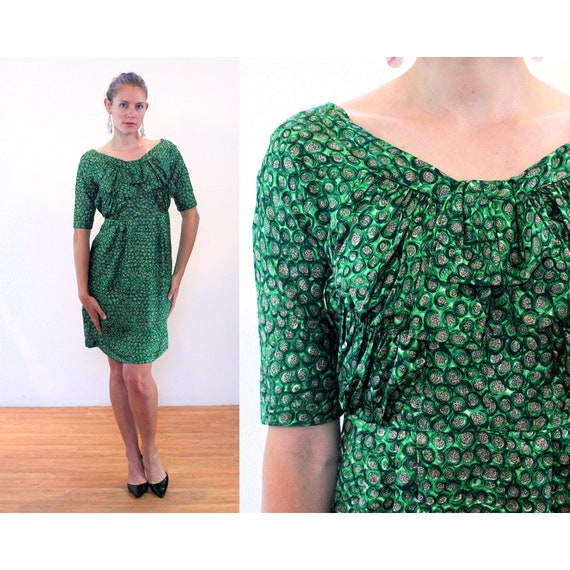 50s Green Silk Cocktail Dress M, Vintage "David L… - image 1