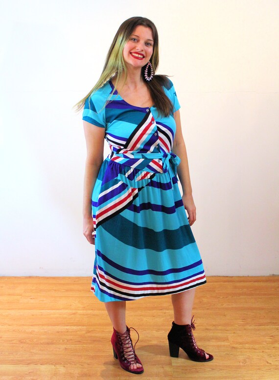 70s Chevron Striped Dress M, Vintage Turquoise Co… - image 4