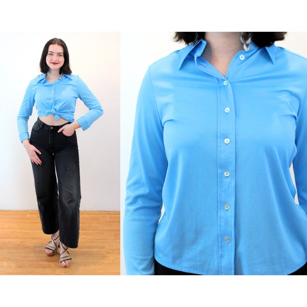 70s Silky Blue Shirt S, Vintage Pointy Collar 1970s "Kacy Mayer" Simple Retro Button Up Hipster Blouse, Small