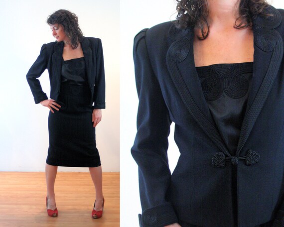 80s Black Deco Suit M Nolan Miller 3 Piece Soutache Wool 40s | Etsy