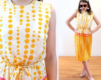 60s Mod Polka Dot Dress XS, Vintage Yellow Pink NOS Funky Clowncore Colorful Shift Dress NWT, As Is, Extra Small