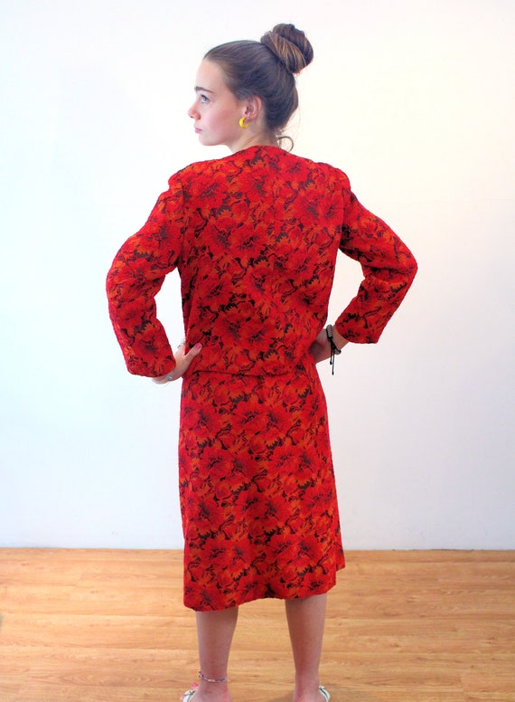 60s Red Tapestry Skirt Suit S, Vintage Orange Two… - image 3