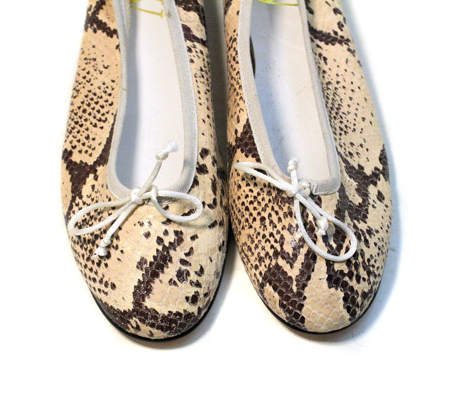 90s snakeskin flats size 10, unworn vintage reptile clifford and wills snake leather tan brown italy ballet slip on shoes