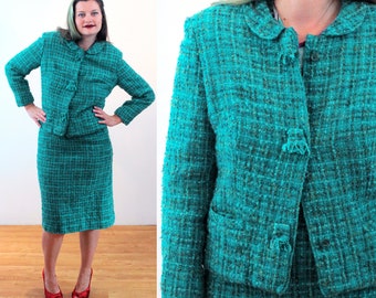 60s Turquoise Boucle Skirt Suit M, Vintage Blue Tweed Wool Set Jackie Kennedy Style Classic Two Piece 1960s Jacket Skirt Outfit, Medium