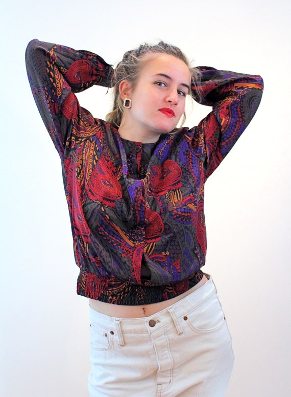 80s Baroque Print Top M, Vintage Red Purple Paisl… - image 5