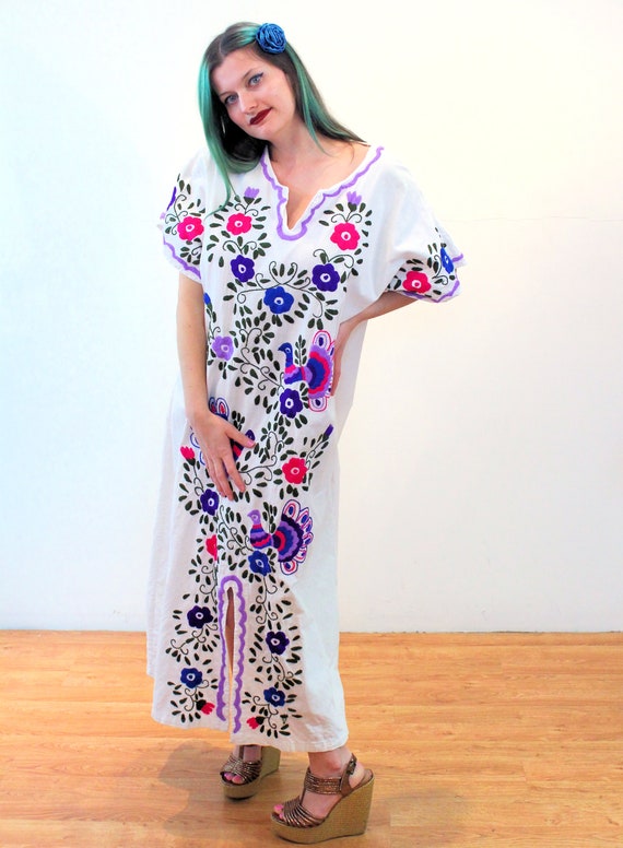 70s Embroidered Birds Mexican Dress M L XL, Vinta… - image 2