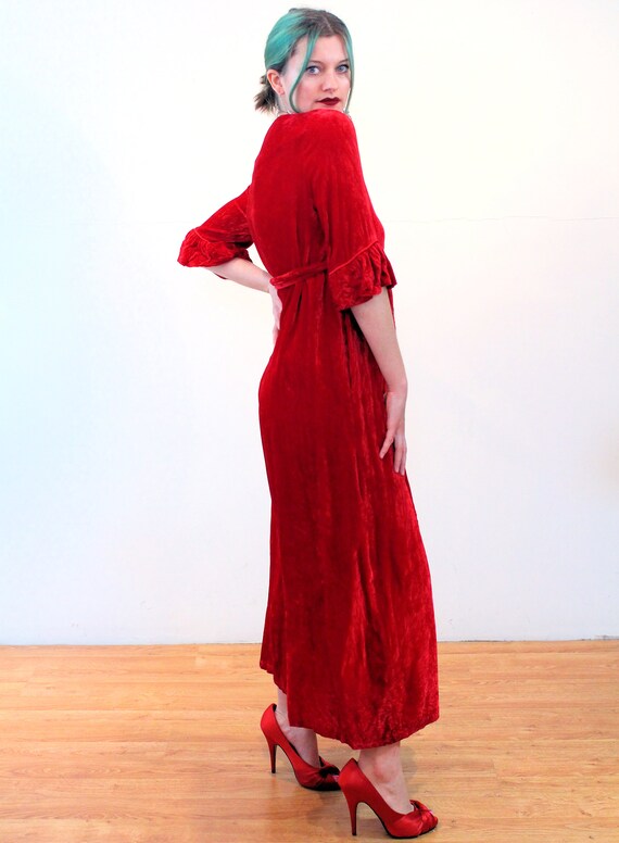 60s Red Velvet House Dress S, Vintage Crimson Dou… - image 2