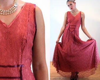 1930s Lace Dress M, Vintage Rose Pink Romantic 30s 40s Satin Ribbons Long Formal Full Sweep Dance Gown, Medium