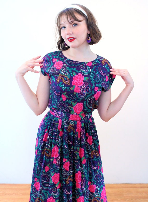 90s Floral Paisley 2 Piece Dress XS, Vintage Purp… - image 5