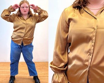 90s Golden Satin Poet Blouse L, Vintage Iridescent Glam Mustard Yellow Silky "Joanna" Ruffle Sleeve Open Collar Shirt, Large