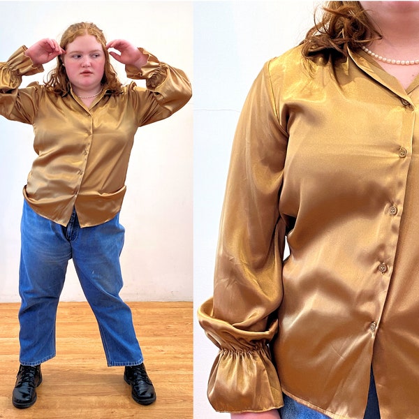 90s Golden Satin Poet Blouse L, Vintage Iridescent Glam Mustard Yellow Silky "Joanna" Ruffle Sleeve Open Collar Shirt, Large