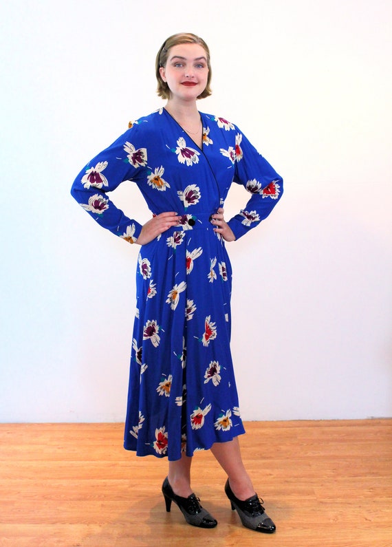 90s Liz Claiborne Wrap Dress M, Vintage Blue Flor… - image 2