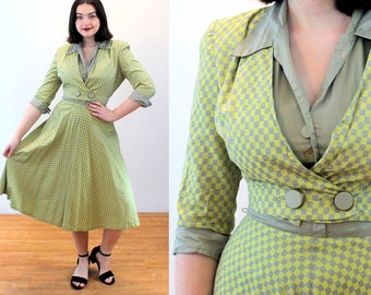 50s Checkered Halter Dress & Jacket S, Vintage Mid Century Modern Print Chartreuse Gray 1950s Sundress Bolero Suit, Small