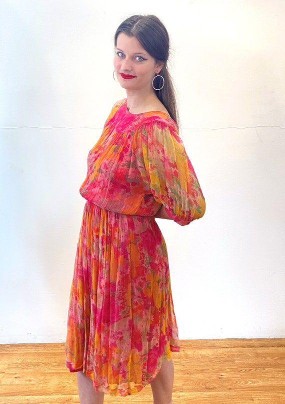 90s Vibrant Chiffon Dress S, Vintage Orange Pink … - image 2