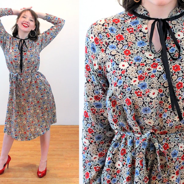 70s "Lady Madonna" Dress S P, Vintage Blue Red Sweet Floral Rayon Belted Maternity Dress 1920s Style Frock Pregnancy Gift, Small Petite