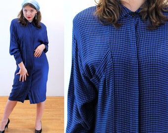 80s "Moda International" Slouchy Dress S, Vintage Blue Black Checkered Soft Retro Dolman Sleeve Shirtdress, Small