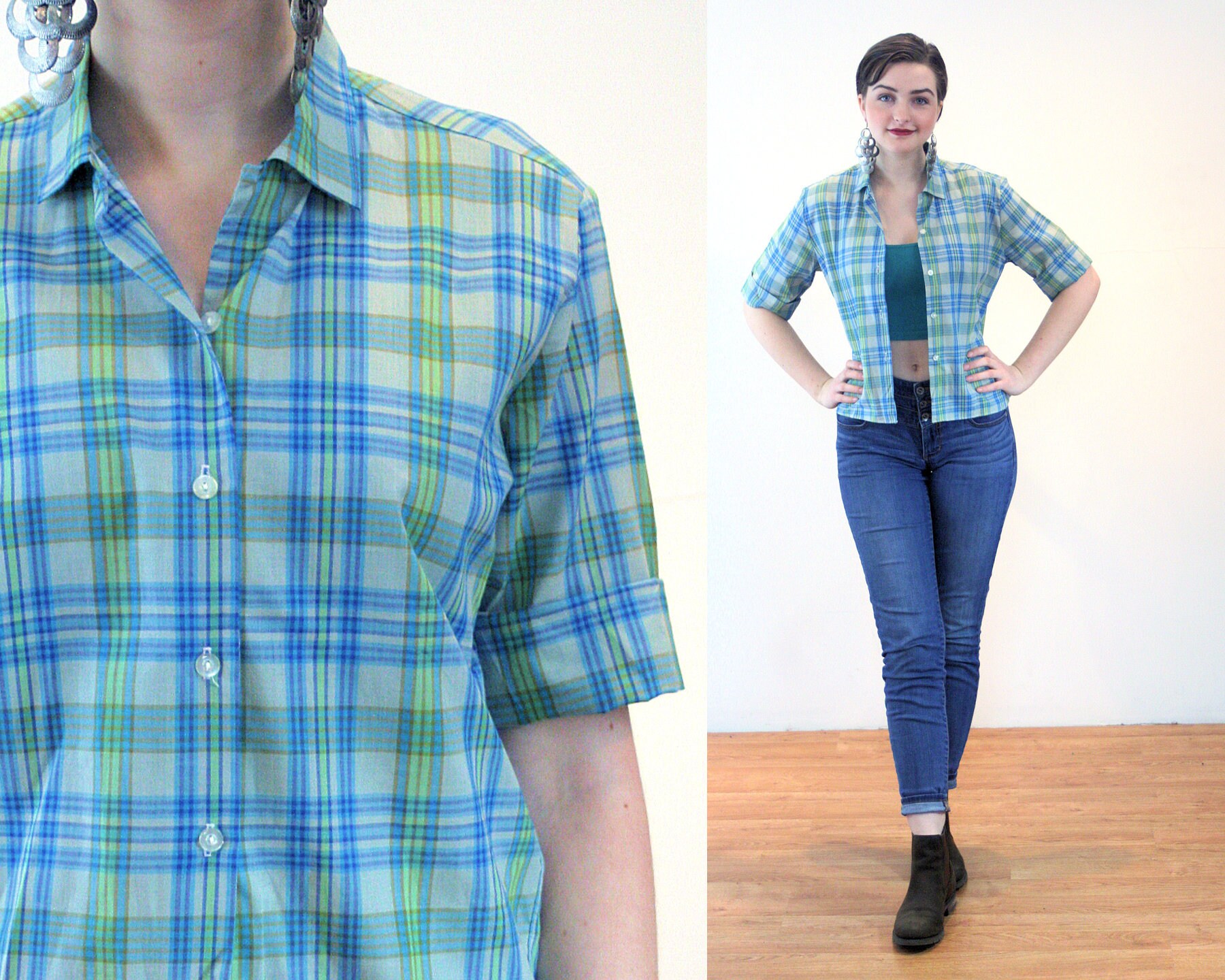 50s Blue Plaid Camp Shirt M Vintage 