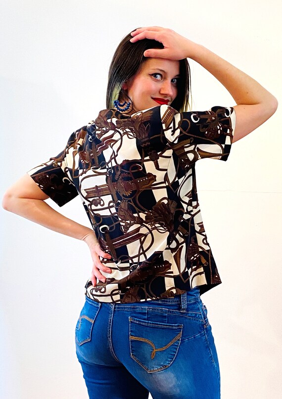 80s Baroque Print Blouse M, Vintage Brown Black E… - image 3