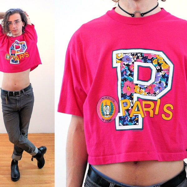 90s Paris University T-Shirt OSFA XL, Vintage 1992 Pink French Cropped "Chill" Sorbonne College Tee, Extra Large