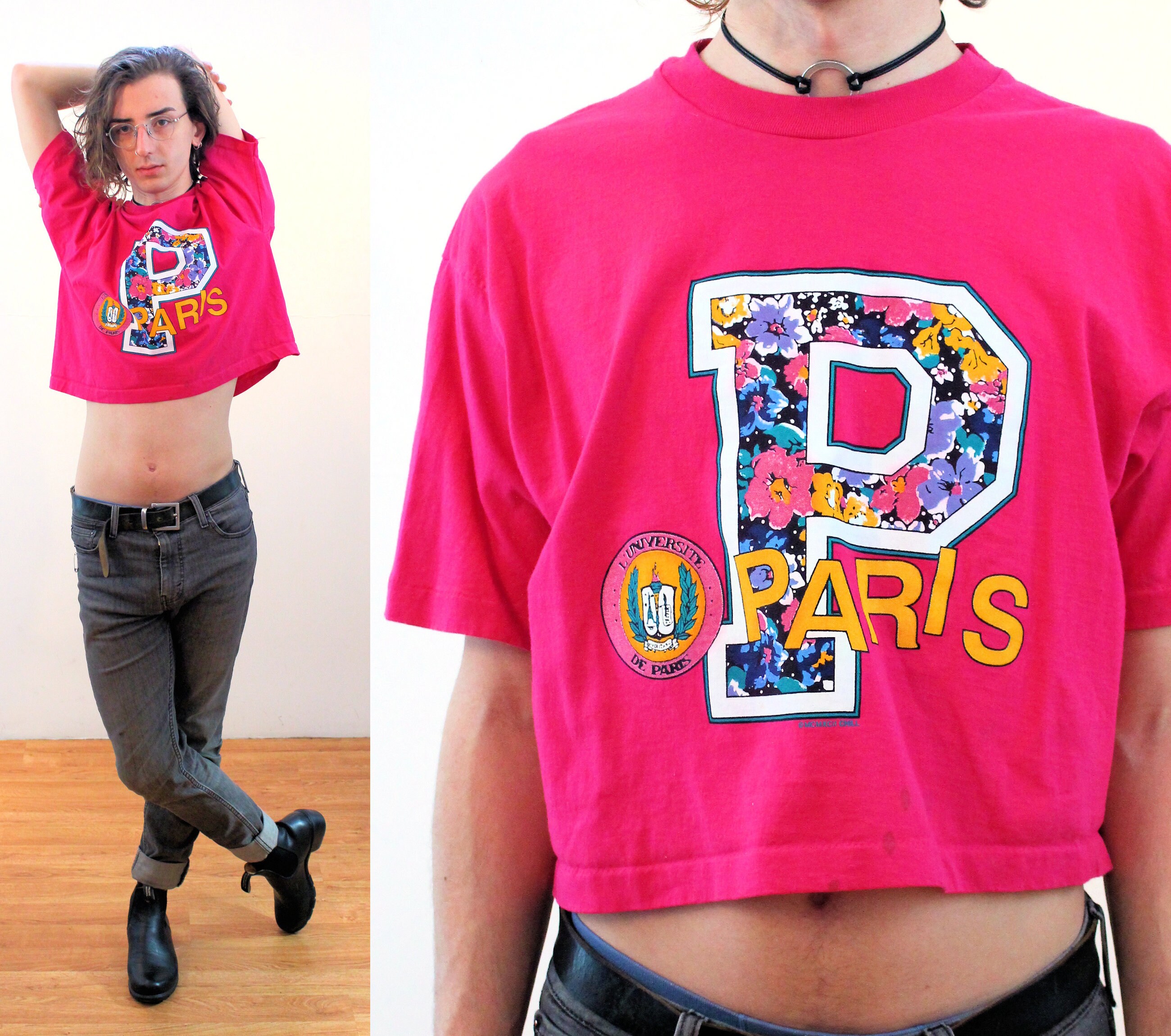 90s Paris University Cropped T-shirt OSFA XL, Vintage 1992 Pink 