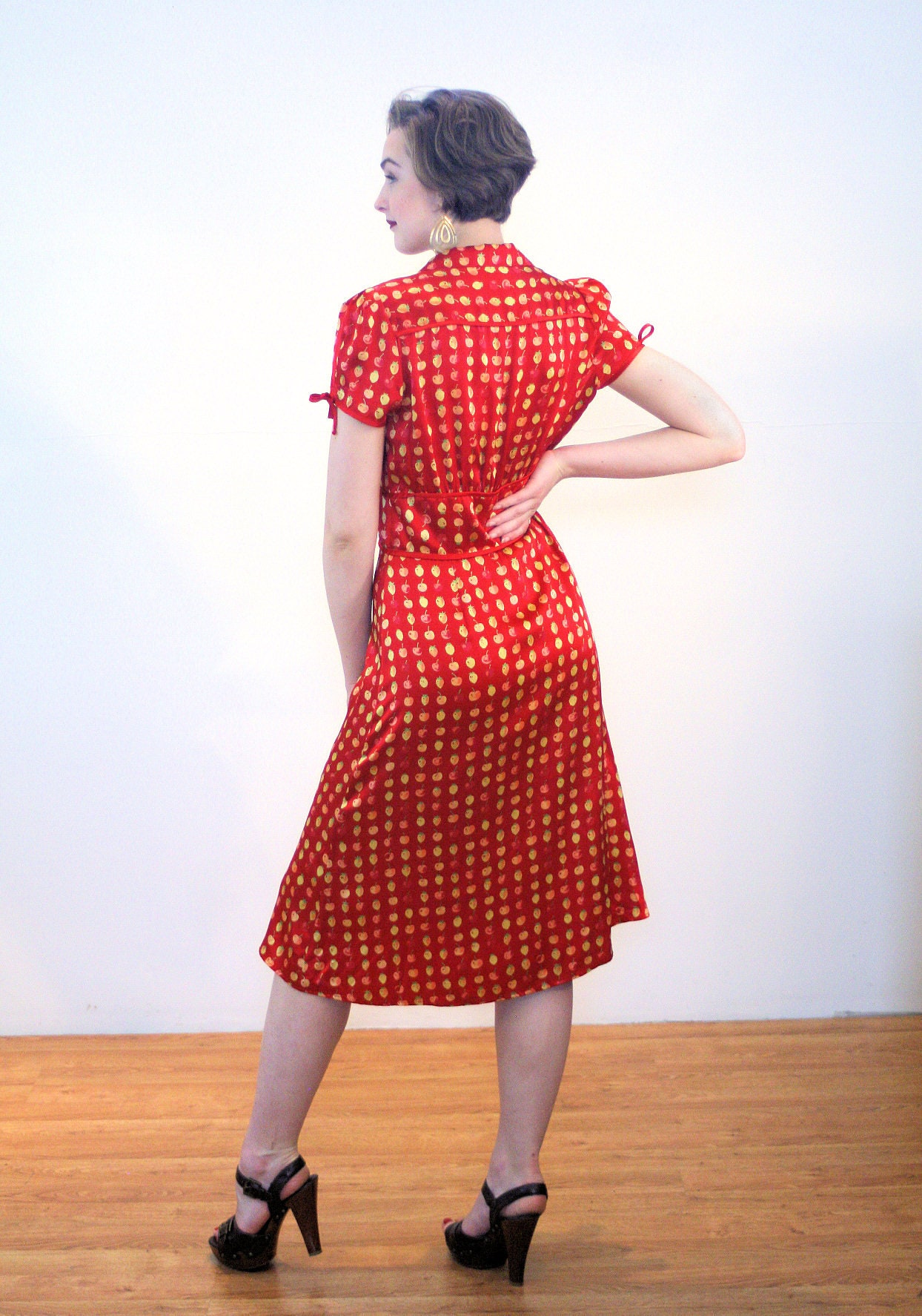 90s Betsey Johnson Dress S, Fruit Print Red Silk Novelty Lemons