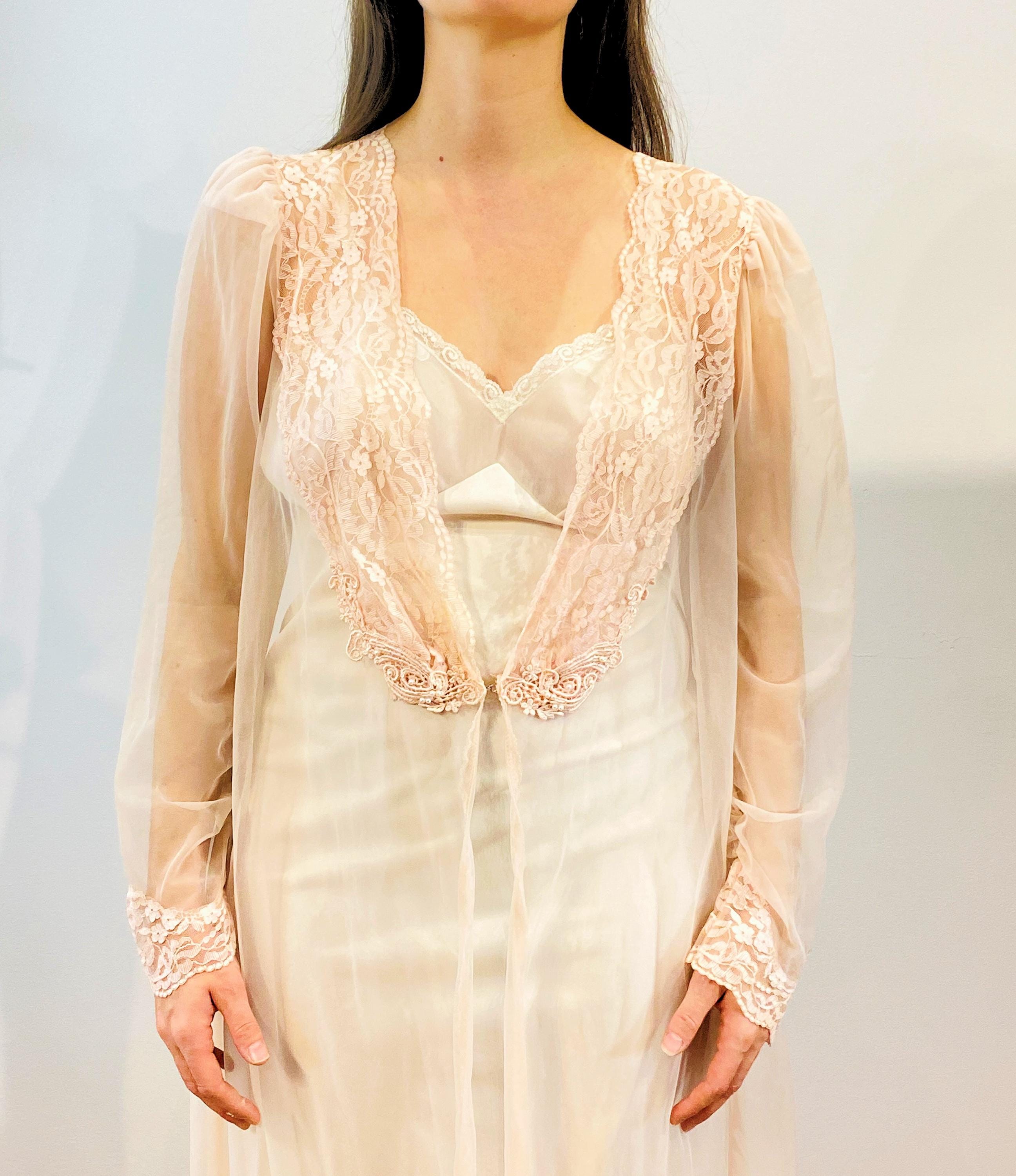 80s Val Mode Peach Peignoir Robe M, Vintage Sheer Chiffon Lace 